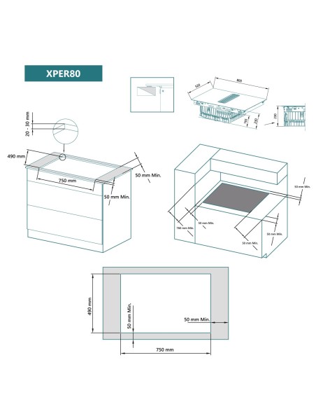Placa de inducción flexible con extracción 80 cm 4 zonas de cocinado