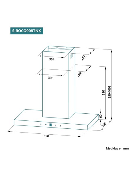 Campana de pared FreeTouch 90 cm Inox frente cristal negro