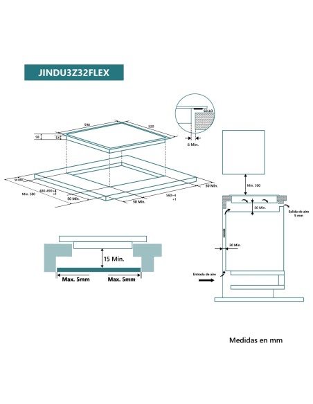 Placa de inducción flexible 60 cm 3 zonas de cocinado