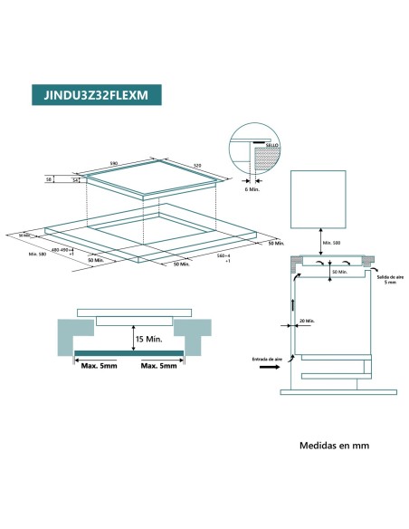 Placa de inducción flexible 60 cm 3 zonas de cocinado