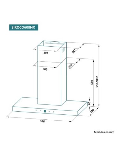 Campana de pared 60 cm Inox frente cristal negro
