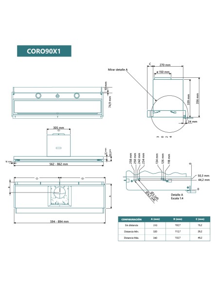 Campana de encastre 90 cm Inox y Cristal