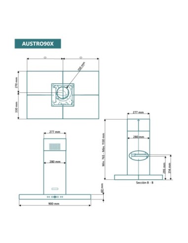 Campana de isla en forma de T 90 cm Inox