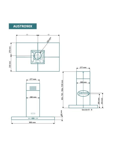 Campana de isla en forma de T 90 cm Inox