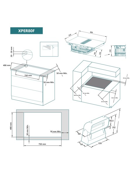 Placa de inducción flexible con extracción 80 cm 4 zonas de cocinado
