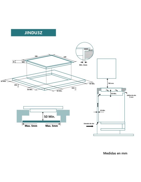 Placa de inducción 60 cm 3 zonas de cocinado