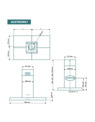 Campana de isla en forma de T 90 cm Inox