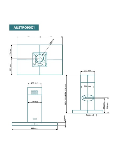 Campana de isla en forma de T 90 cm Inox